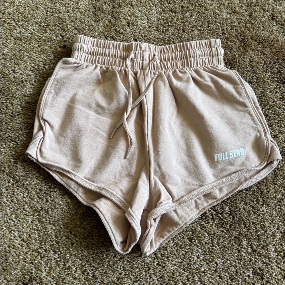 Full Send cream & white high waisted, cheeky shorts; perfect condition